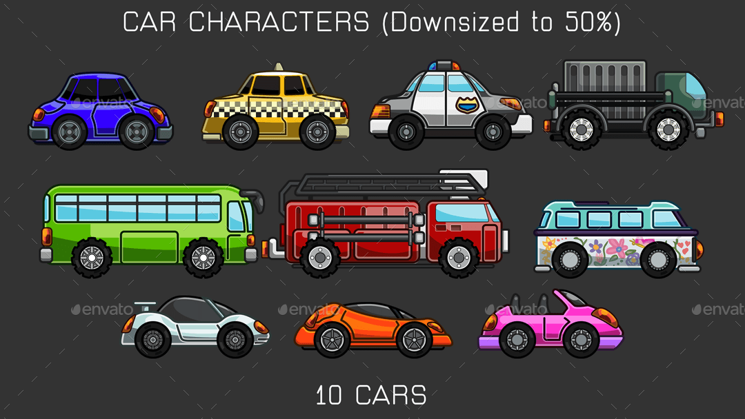 Vector Game Characters Sprites Bundle Cartoon, Flying and Cars by